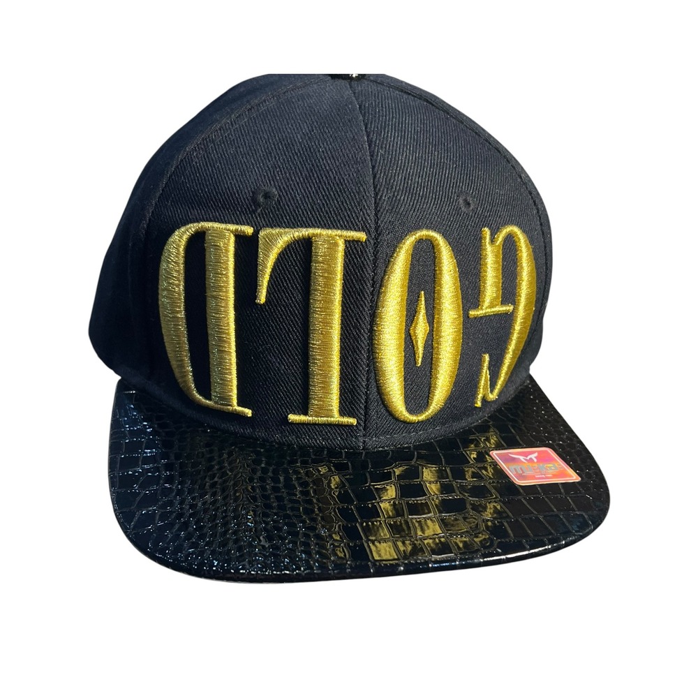 MUKA Black Snapback Hat Faux Leather Bill Upside Down GOLD Embroidered w Cross